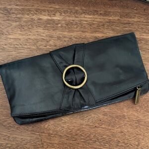 HOBO Black Leather Fold-Over Clutch with Brass Ring